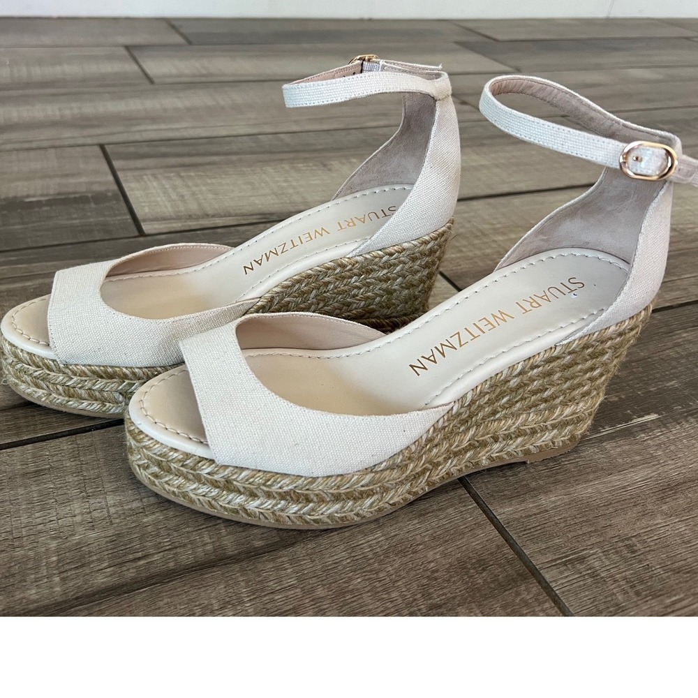 Stuart Weitzman Canvas Espadrille Wedge Sandal Ankle Strap‎ Platform size 9